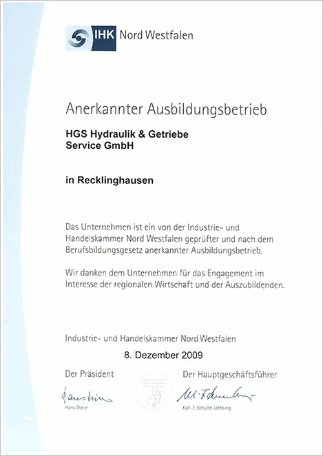 HGS Hydraulik Zertifikat Ausbildungsbetrieb