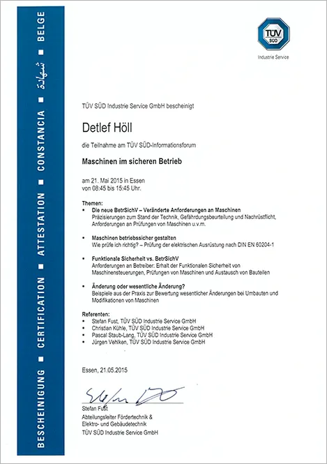 HGS Hydraulik Zertifikat TÜV Maschinen