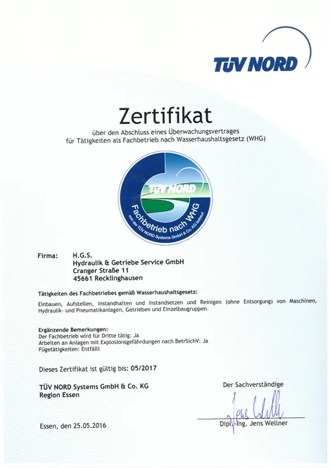 HGS Hydraulik Zertifikat TÜV Nord