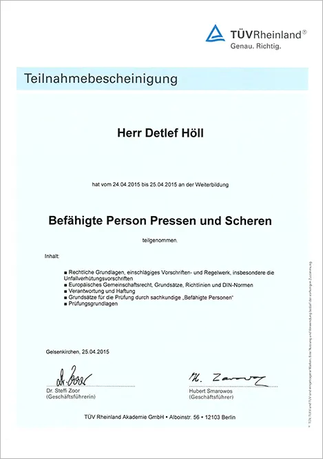 HGS Hydraulik Zertifikat TÜV Pressen
